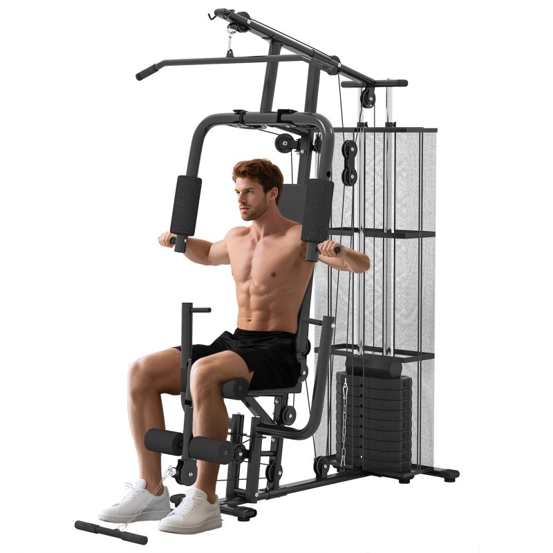 HOMCOM Home Gym Equipment, Multi Gym Workout Station with 45Kg Weight Stack, Chest Station, Butterfly Press & Leg Developer for Strength Training, Black