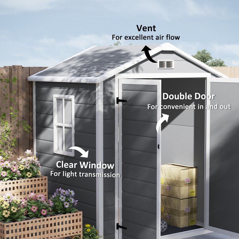 Outsunny 6 x 4.5FT Plastic Garden Shed with Floor, Lockable Tool Storage House with Window, Vent and Plastic Roof, Grey