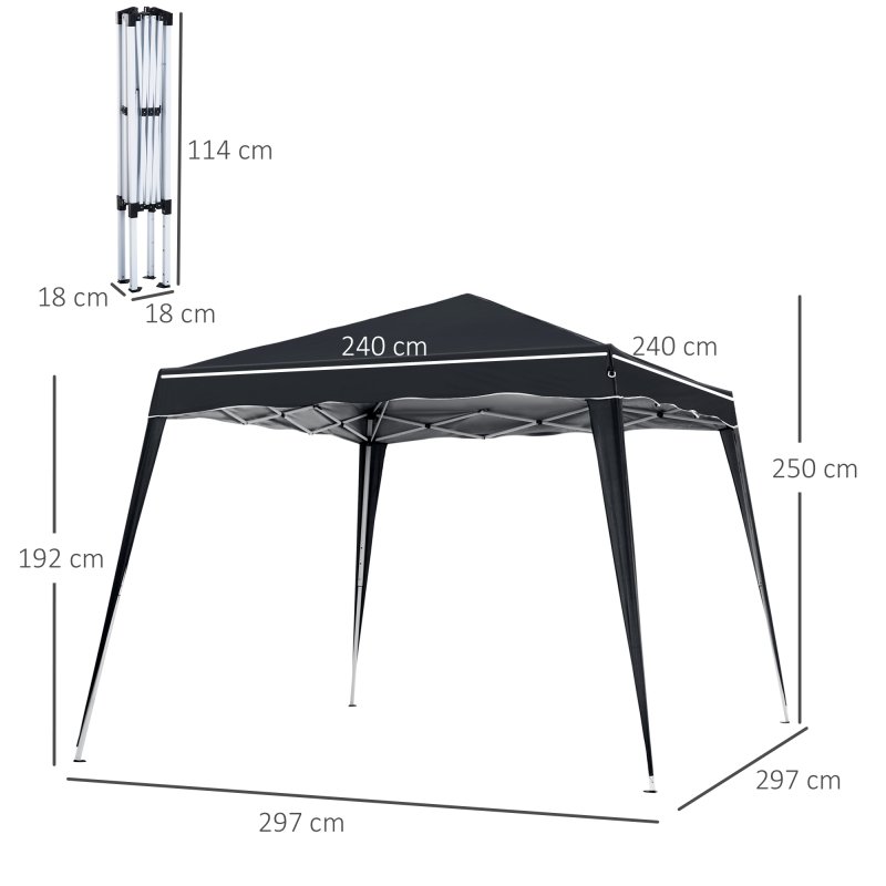 Outsunny 3 M x 3 M Base/ 2.5 M x 2.5 M Top Pop Up Gazebo, 2 Person Setup Instant with Carry Bag, Height Adjustable Slant Leg Party Tent Instant Event Shelter for Garden, Patio, Black