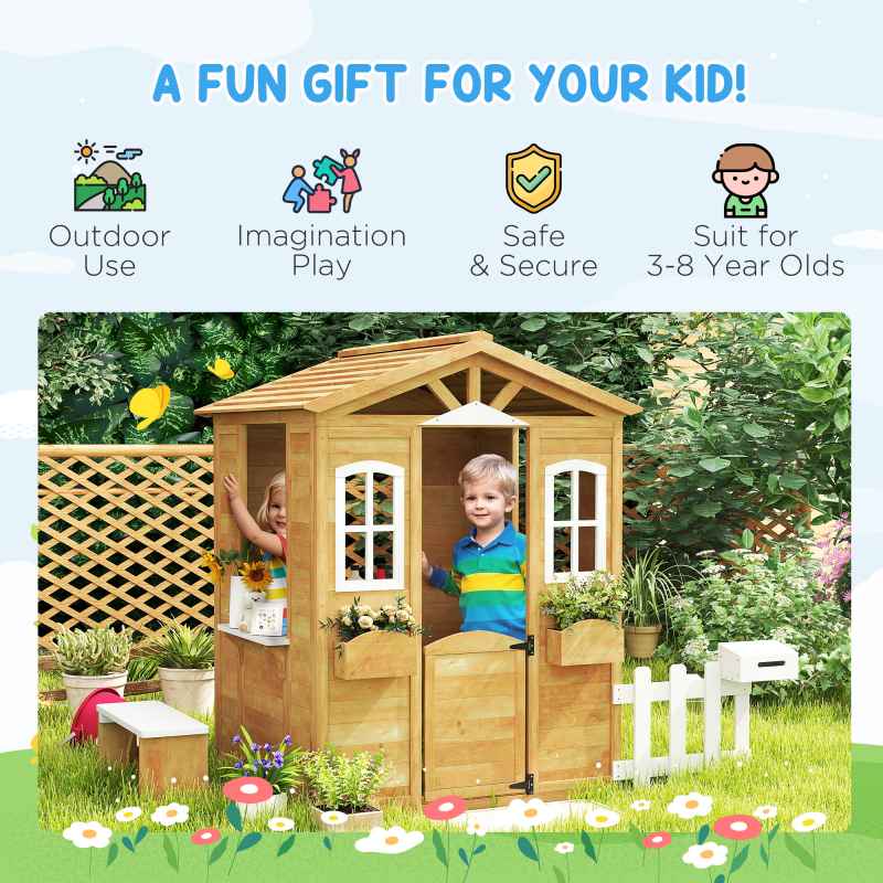 Outsunny Wooden Playhouse for Kids Outdoor Wendy House with Door, Windows, Mailbox, Flower Pot Holder, Serving Station, Bench for Children, Toddlers, Yellow