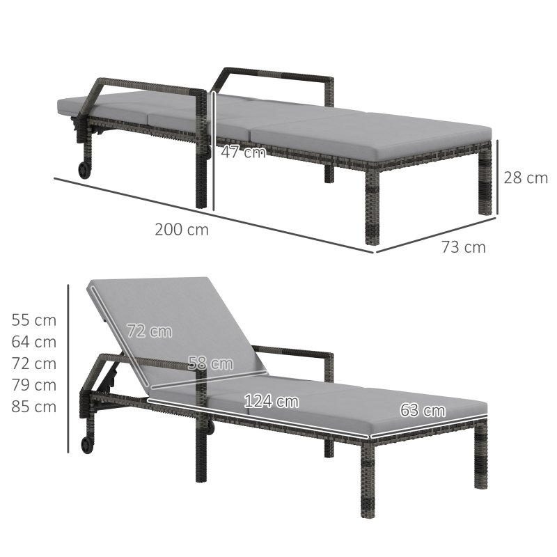 Outsunny Outdoor PE Rattan Sun Lounger, 5-Level Adjustable Backrest Wicker Outdoor Chaise Recliner, Garden Chair with 2 Wheels, Grey