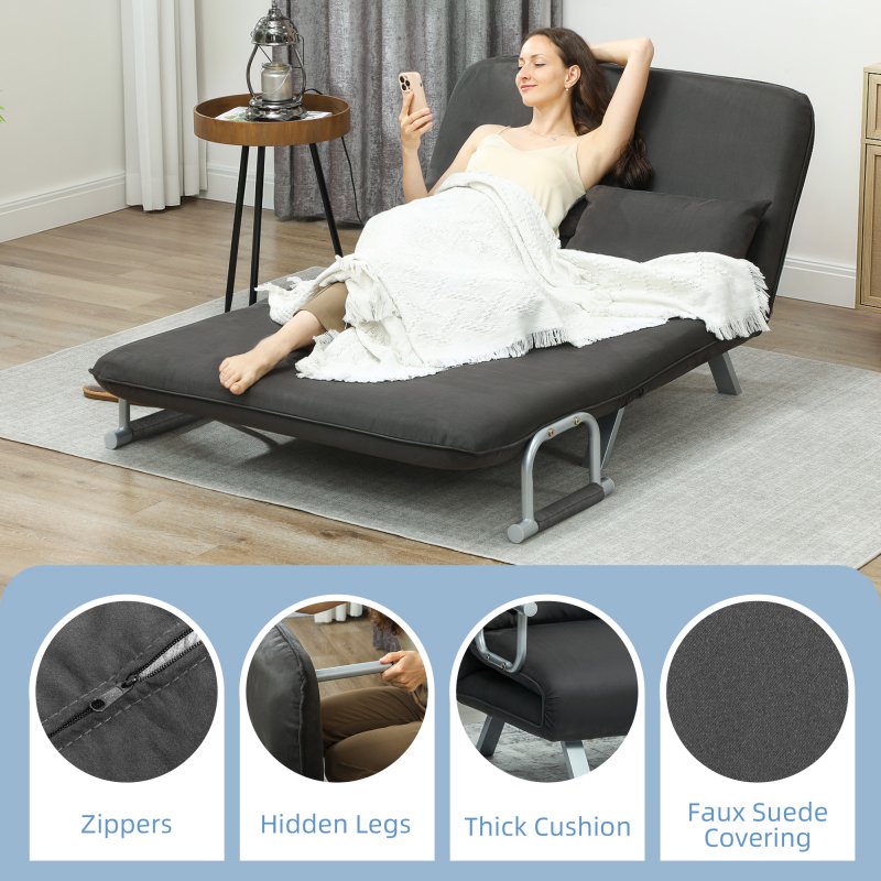HOMCOM 2 Seater Sofa Bed, Click Clack Convertible Bed Settee, Modern Velvet Feel Fabric Sofa with 2 Cushions for Living Room, Bedroom, Guest Room, Charcoal Grey