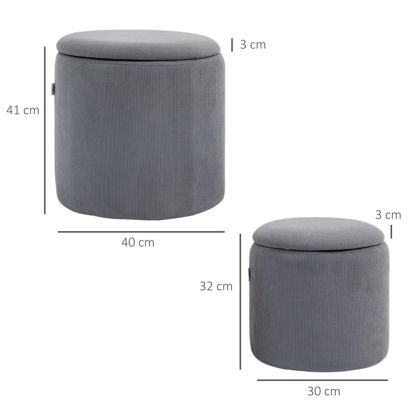 HOMCOM Set of 2 Round Ottoman with Storage, Fabric Vanity Stool for Makeup, Footrest Stool with Removable Lid for Living Room & Bedroom