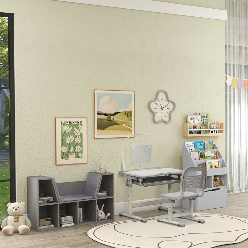 HOMCOM Kids Bookshelf with Storage Drawer, Children's Bookcase with Wheels, Toy Organiser for Bedroom, Playroom - Grey