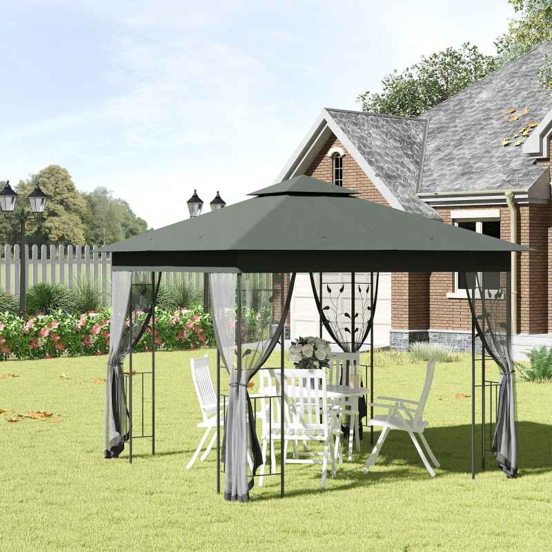 Outsunny 3(m) x 3(m) Garden Gazebo, Double Roof Outdoor Gazebo Canopy Shelter with Netting, Solid Steel Frame, for Garden, Lawn and Deck, Grey