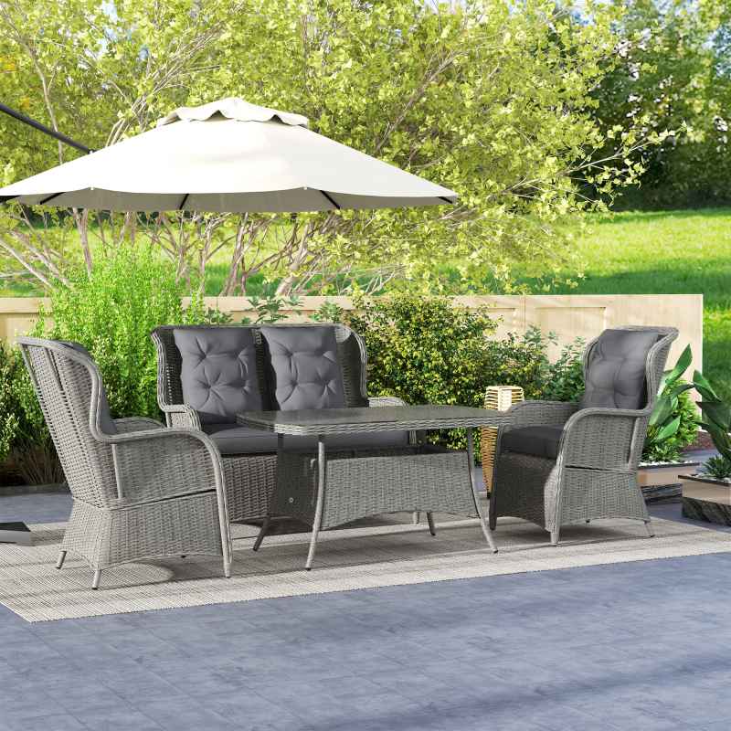 Outsunny Garden PE Rattan Dining Sofa Set, Outdoor 4 Seater Wicker Furniture, High Back Chairs with Cushions, Tempered Glass Coffee Table for Patio, Light Grey