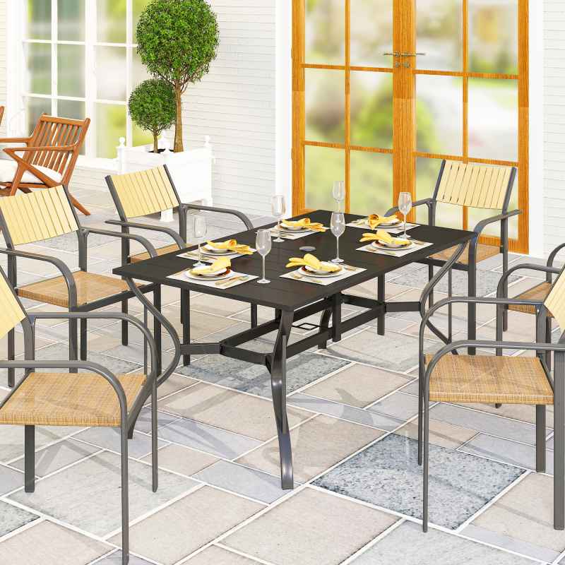 Outsunny Rectangle Garden Table with Parasol Hole, Outdoor Dining Table for 6, Patio Table with Steel Frame and Slat Tabletop for Balcony, 150cm x 90cm, Black