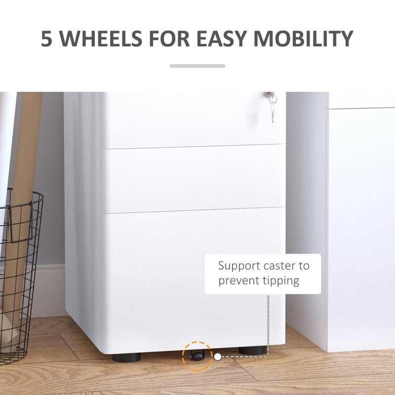 Vinsetto 3-Drawer Mobile Filing Cabinet, Steel Lockable File Cabinet for A4, Legal, Letter, Compact Under Desk Storage Unit with Pre-Assembled Body Except Wheels for Home Office, 39 x 48 x 59cm, White