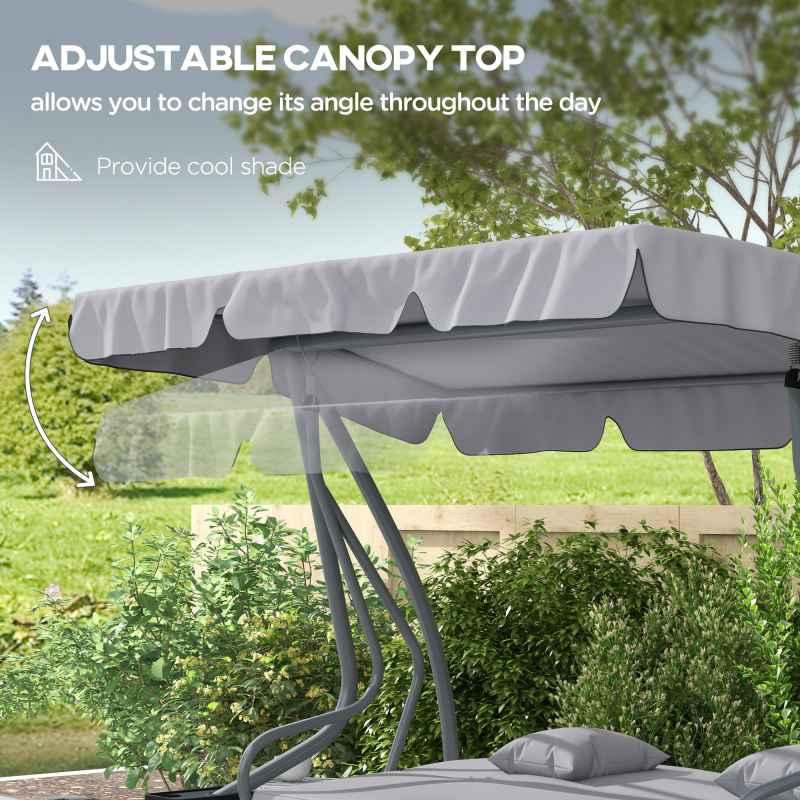 Outsunny 2-in-1 Garden Swing Seat Bed, 3 Seater Convertible Swing Chair Bench with Tilting Canopy, Cushioned Seat and 2 Pillows for Patio, Garden, Light Grey