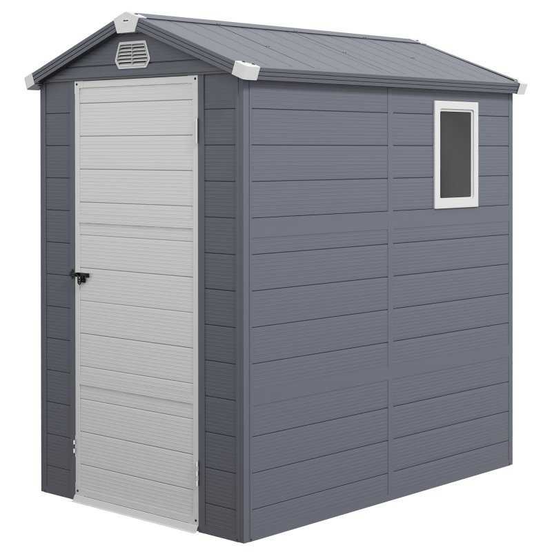 Outsunny 4 x 6ft Plastic Garden Storage Shed with Ventilation Slots and Lockable Door, Polypropylene Outdoor Storage Tool House with Foundation Kit, Grey