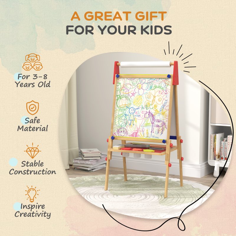 AIYAPLAY Kids Easel, 3 in 1 Art Easel Double Sided Height Adjustable with Paper Roll, Whiteboard, Chalkboard, Painting Accessories, Natural Wood Finish