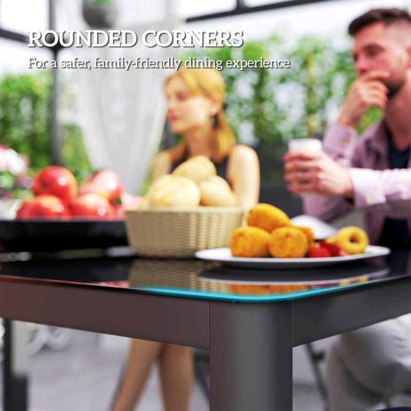 Outsunny Outdoor Dining Table for 6 People, 150 x 88 cm Rectangular Garden Table with Aluminium Frame, Tempered Glass Top and Height-Adjustable Feet for Balcony, Porch, Terrace, Grey