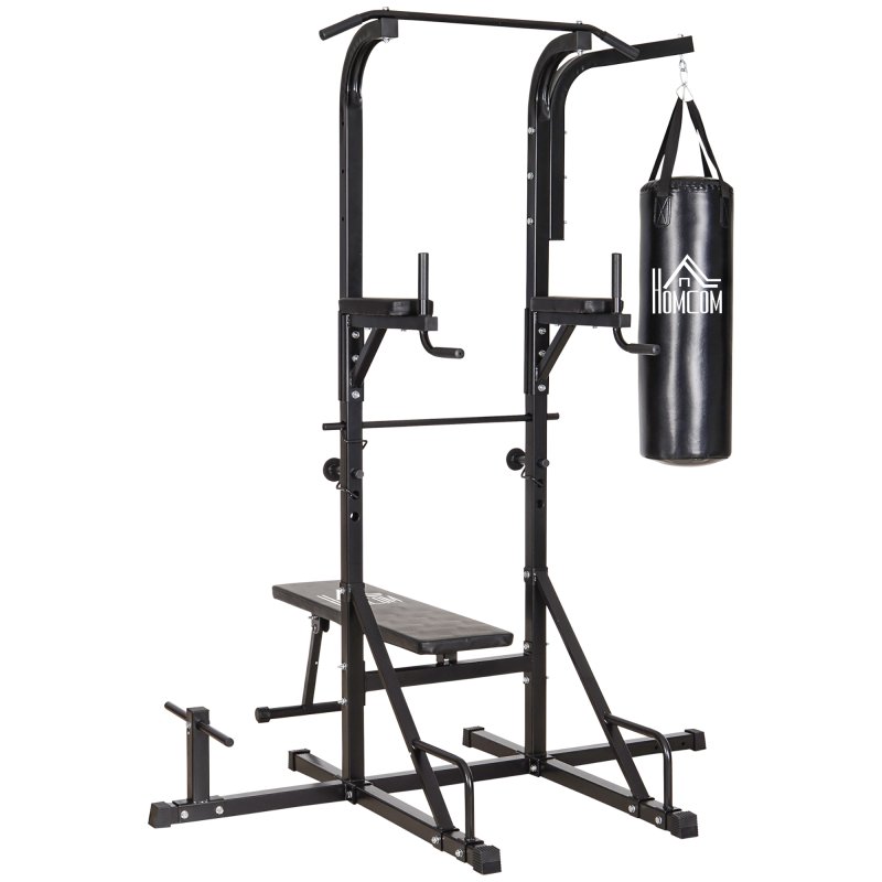 HOMCOM Home Gym Power Tower with Bench and Punching Bag, Multi-Function Adjustable Dip Sit Up Workout Station Equipment Heavy Duty for Home