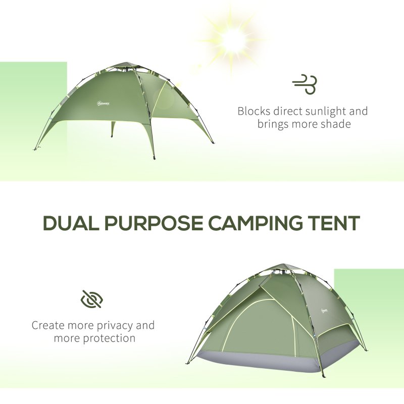 Outsunny 3 Person Camping Tent, Instant Pop Up Tent, Dome Tent with Sewn-in Groundsheet, 2 in 1 Double Layers for Camping, Hiking, Backpacking, Green