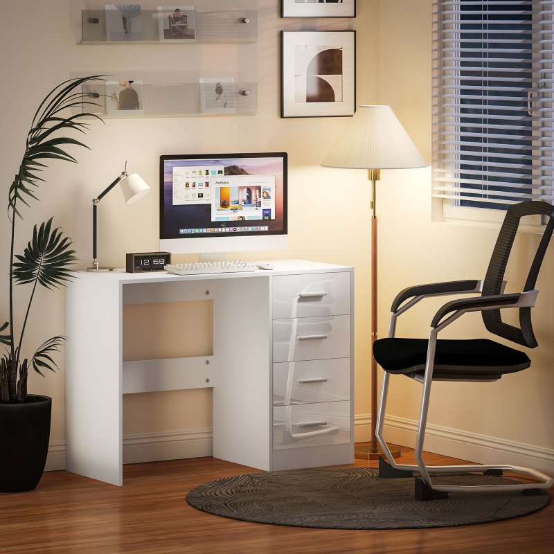 HOMCOM Computer Desk with Drawers, Dressing Table, High Gloss Home Office Writing Workstation, White