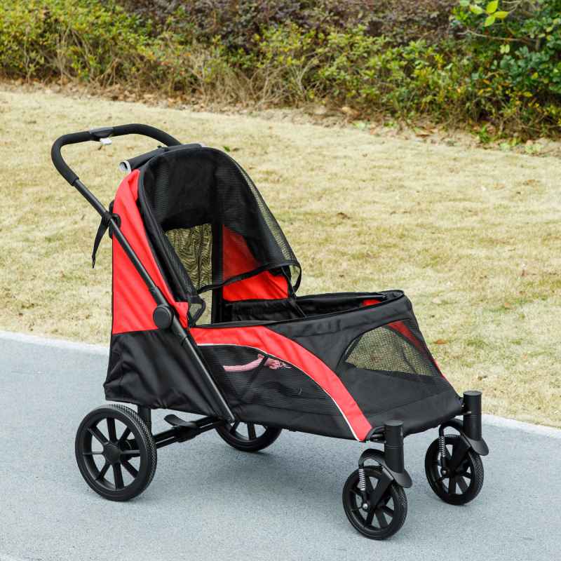 PawHut Dog Stroller, Easy Folding Pet Stroller for Large Dogs, Puppy Pram Pet Pushchair with 4 Big Wheels, Shock-Absorbing Frame, Safety Leashes, Brakes, Red/Black