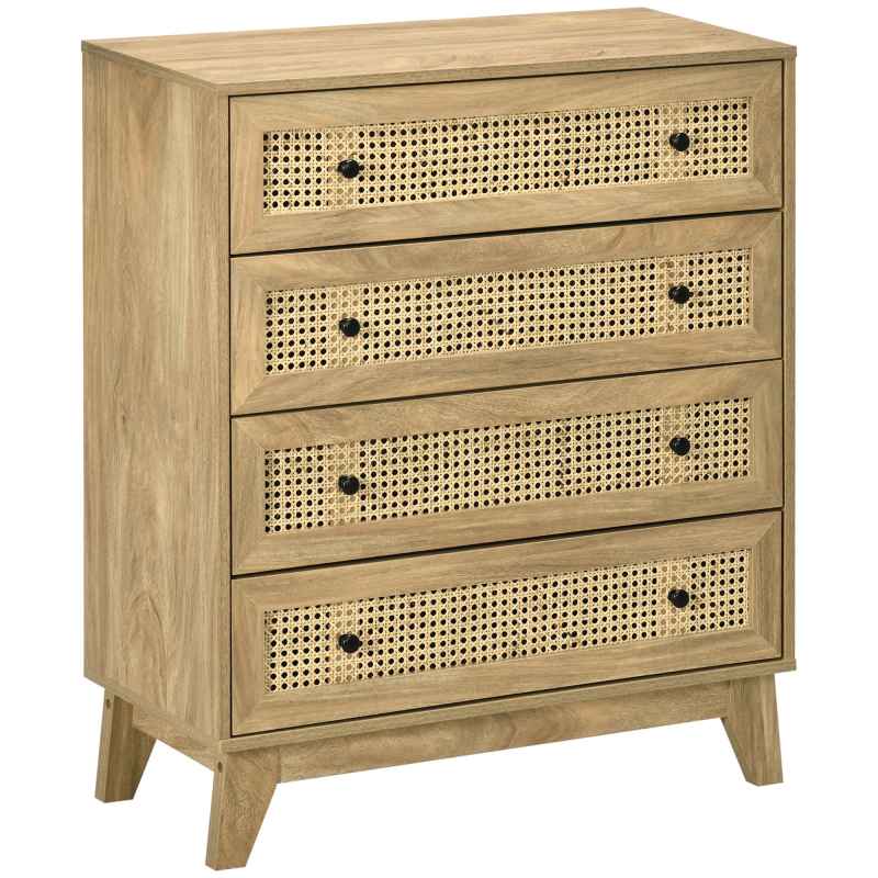 HOMCOM Chest of Drawers, 4-Drawer Storage Organiser Unit with Rattan Element for Bedroom, Living Room, Wood Effect