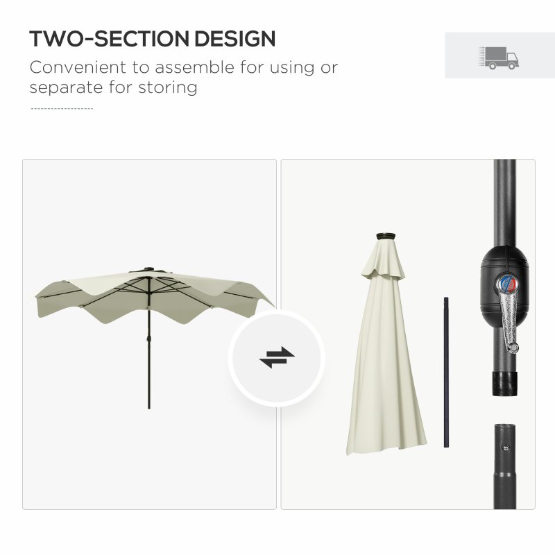 Outsunny 3(m) Garden Parasol Umbrella with 32 Solar LED Lights and Tilt, Outdoor Market Table Umbrella Sun Shade Canopy with Crank, 8 Ribs, Cream White