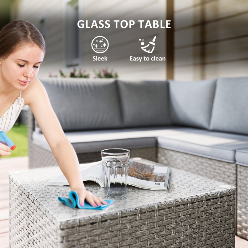 Outsunny 7 Pieces Rattan Garden Furniture Set, 6 Seater Garden Corner Sofa with Wide Seat, Cushions and Glass Top Table, Sectional Outdoor Furniture Conservatory Set for Patio, Grey