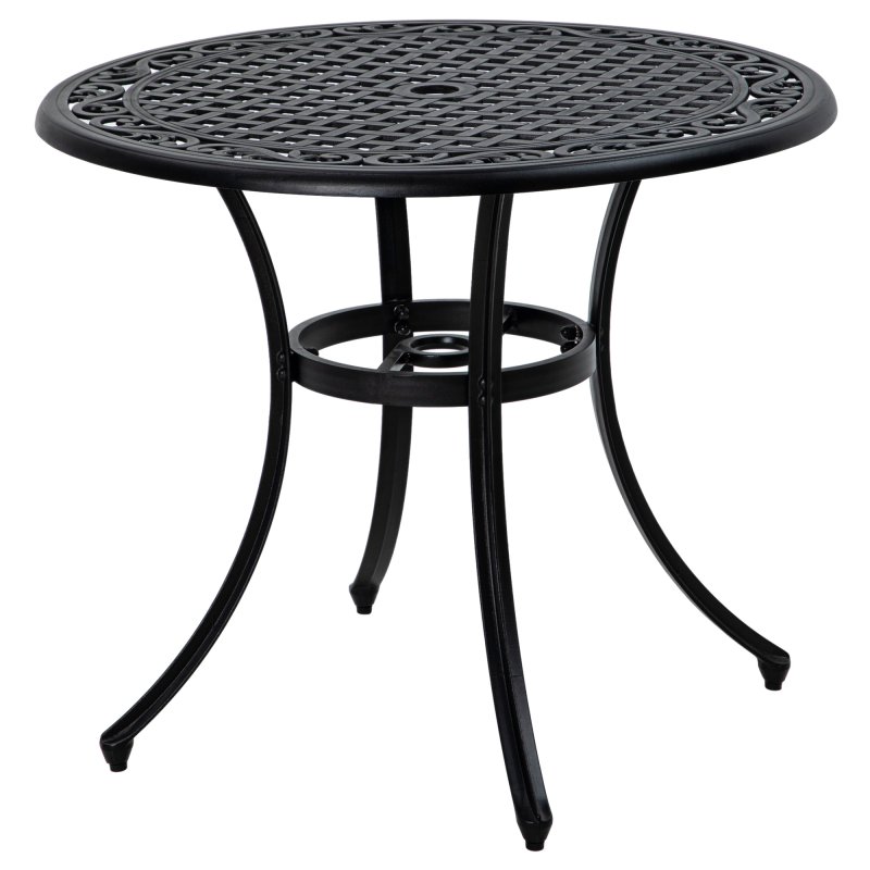 Outsunny Garden Table with Parasol Hole, 90cm Round Outdoor Dining Table for 2-4, Cast Aluminium Bistro Coffee Table for Balcony - Black