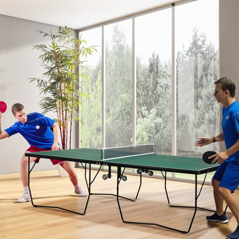 SPORTNOW 9FT Folding Table Tennis Table, Portable Full-Size Ping Pong Table w/ 8 Wheels, 2 Bats, 3 Balls, Quick Set-Up Indoor Game Table - Green