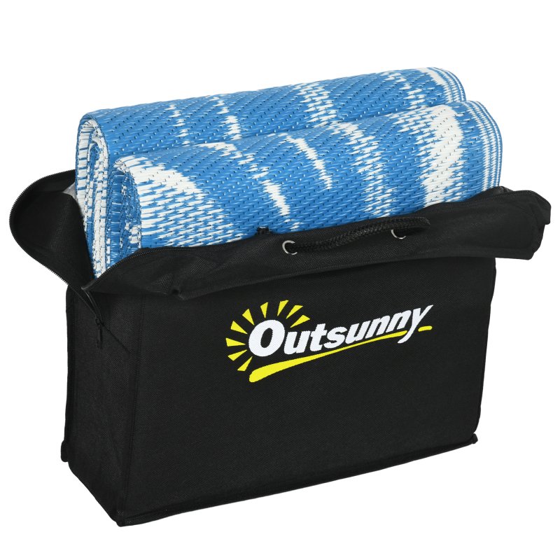 Outsunny Reversible Outdoor Rug with Carry Bag, Waterproof Plastic Straw Mat for Garden, Deck, RV, Picnic, Beach, Camping, 182 x 274cm, Blue and Cream