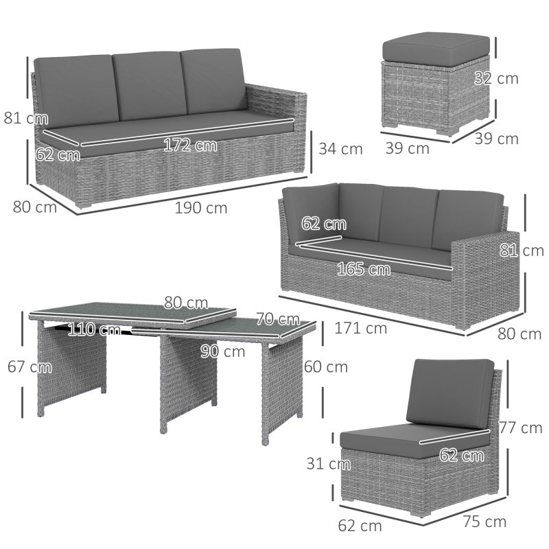 Outsunny 10 Seater Rattan Dining Set with Expandable Table and Nesting Chairs, Rattan Garden Furniture Set with Cushions, Outdoor Dining Table and Chairs, Sectional Corner Sofa Set, Light Grey