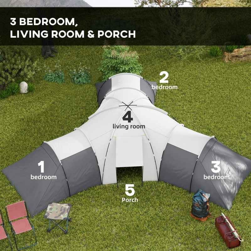Outsunny 6-9 Man Large Tunnel Tent with 3 Bedroom, Living Area and Porch, 2000mm Waterproof Camping Tent, Portable with Bag, for Fishing Hiking Festival, Dark Grey