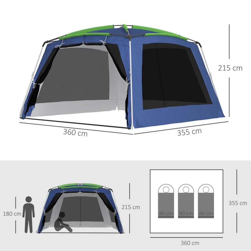 Outsunny 5-8 Person Camping Tent, Portable Dome Tent, Outdoor Screen House Sun Shelter, 360x355x215cm - Dark Blue/Green