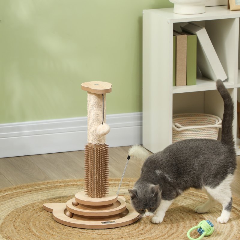PawHut Cat Scratching Post, 49cm Cat Scratcher with Sisal Post, Interactive Track Ball Toy, Self Grooming Brush, Hanging Toy Ball, Feather, 5 in 1 Small Kitten Cat Scratch post, Oak Tone