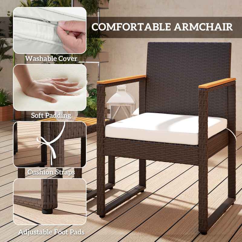 Outsunny 3-Piece Rattan Bistro Set, Patio Table and Chairs Set with Removable Cushions, Rattan Conversation Set with Acacia Wood Table & Adjustable Foot Pads for Garden Balcony, White