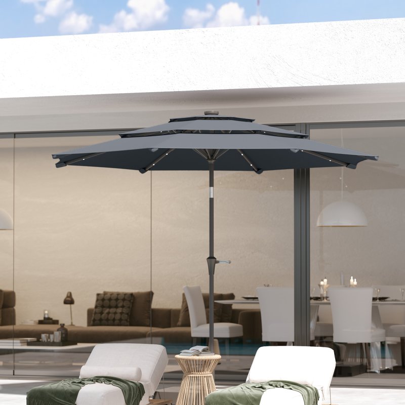 Outsunny 2.6 m Garden Parasol with Solar LED Lights, 3-Tier Patio Umbrella Outdoor with Tilt Mechanism & Crank Handle, UPF 30+, Table Umbrella for Market Terrace, Dark Grey