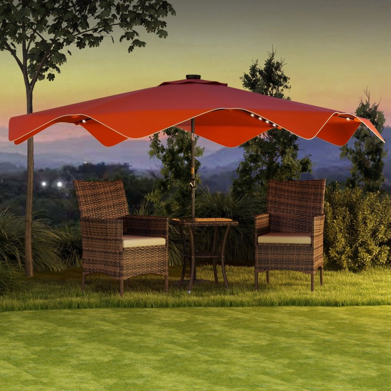 Outsunny 3(m) Garden Parasol Umbrella with 32 Solar LED Lights and Tilt, Outdoor Market Table Umbrella Sun Shade Canopy with Crank, 8 Ribs, Orange