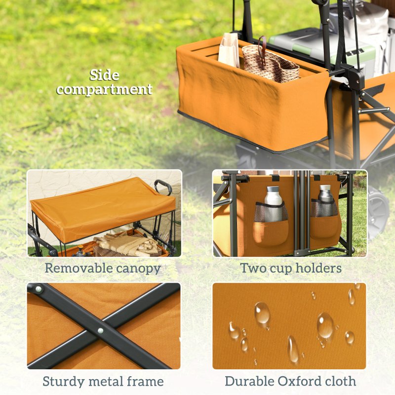 Outsunny 120L Festival Trolley on Wheels, Folding Camping Trolley Cart with Removable Canopy, All-Terrain Wheels, Adjustable Handle and Side Pockets for Garden Beach Fishing Shopping, Orange