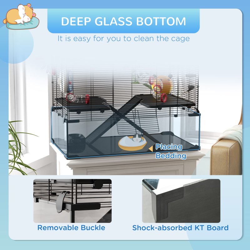 PawHut Large Hamster Cage, Gerbil Cage with Deep Glass Bottom, Tunnels, Non-Slip Ramps, Exercise Wheels, Water Bottle, Dish, 78.5 x 48.5 x 57cm