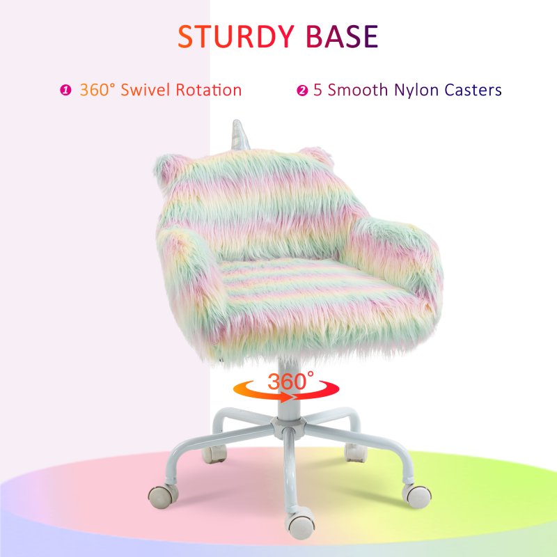 Vinsetto Fluffy Desk Chair with Arms, Faux Fur Home Office Chair, Unicorn Swivel Chair with Adjustable Height and Wheels, Colourful