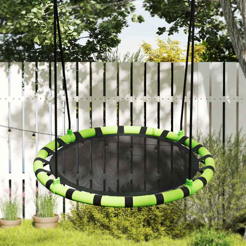 AIYAPLAY Kids Nest Swing Seat, Hanging Set with Height Adjustable Ropes for Kids, 100cm Diameter Round Saucer Swing Chair for Outdoor, Garden, Black/Green
