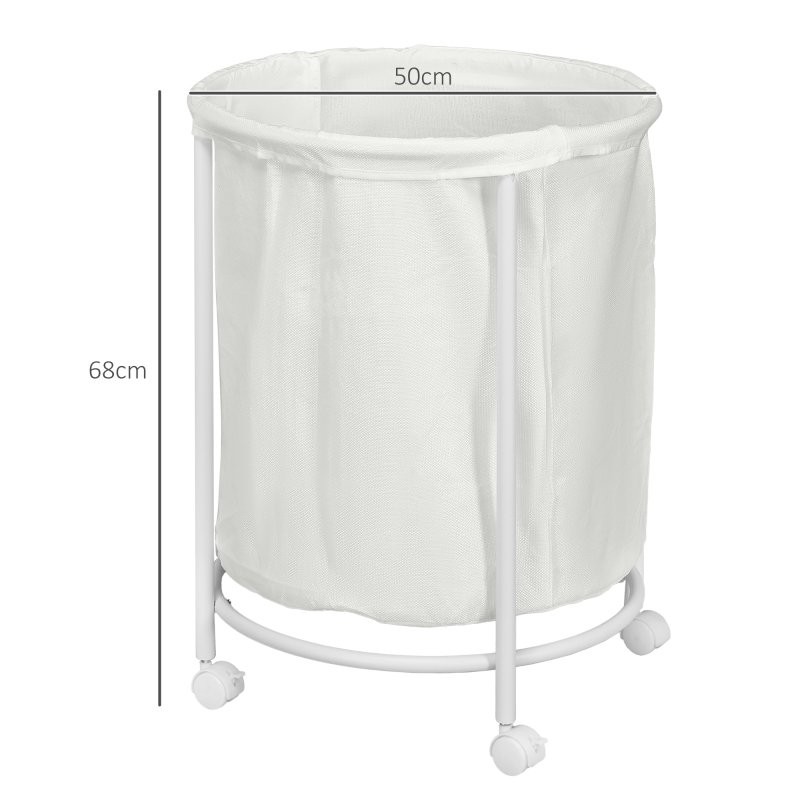 HOMCOM 100L Rolling Laundry Basket on Wheels, 50cm Round Laundry Hamper with Removable Bag and Steel Frame for Bedroom, Bathroom, Laundry Room, Cream White