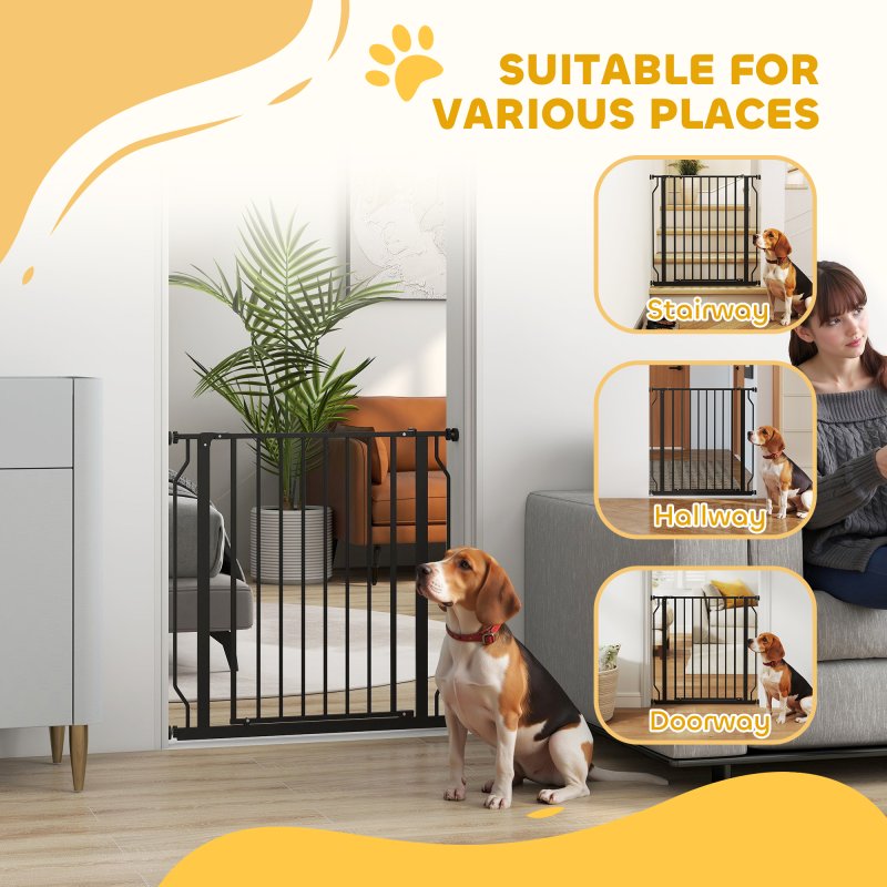 PawHut Dog Gate Wide Stair Gate w/ Door Pressure Fit Pets Barrier for Doorway, Hallway, 76H x 75-85W cm - Black