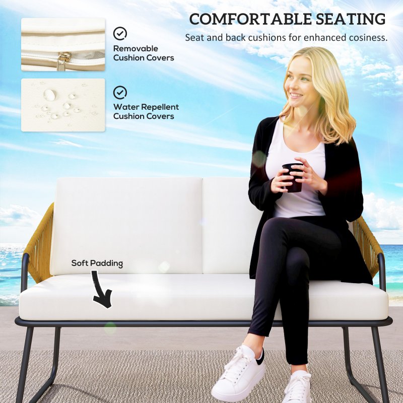 Outsunny 4 Piece Rattan Garden Furniture Set, Wicker Patio Outdoor Furniture Set with Loveseat, Armchairs, Glass Top Coffee Table and Cushions for Patio, Conservatory, Balcony, Natural Wood Finish