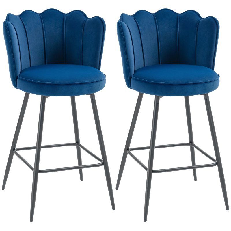 HOMCOM Bar Stools Set of 2, Modern Velvet-Feel Barstools with Petal Backrest and Footrest, Upholstered Breakfast Bar Chairs with Metal Legs for Kitchen Island Counter, Dining Room, Dark Blue