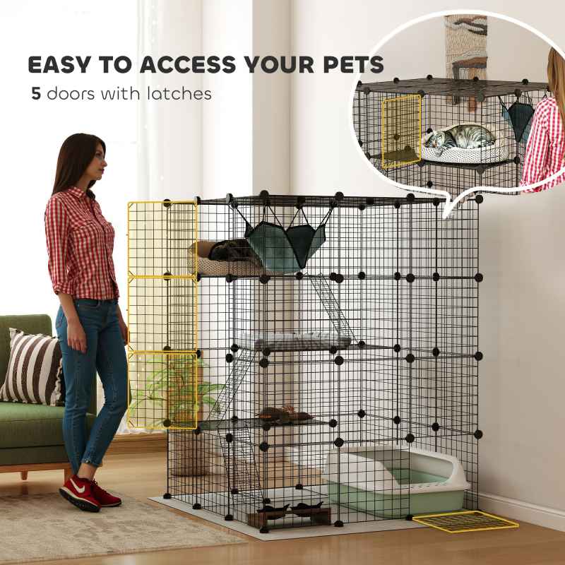PawHut Cat Cage Indoor, DIY 4 Tier Wire Cat Enclosure with Hammock, Ramps, Doors, Jumping Platforms, Detachable Catio Indoor for 1-3 Cats, 105 x 105 x 140 cm, Black