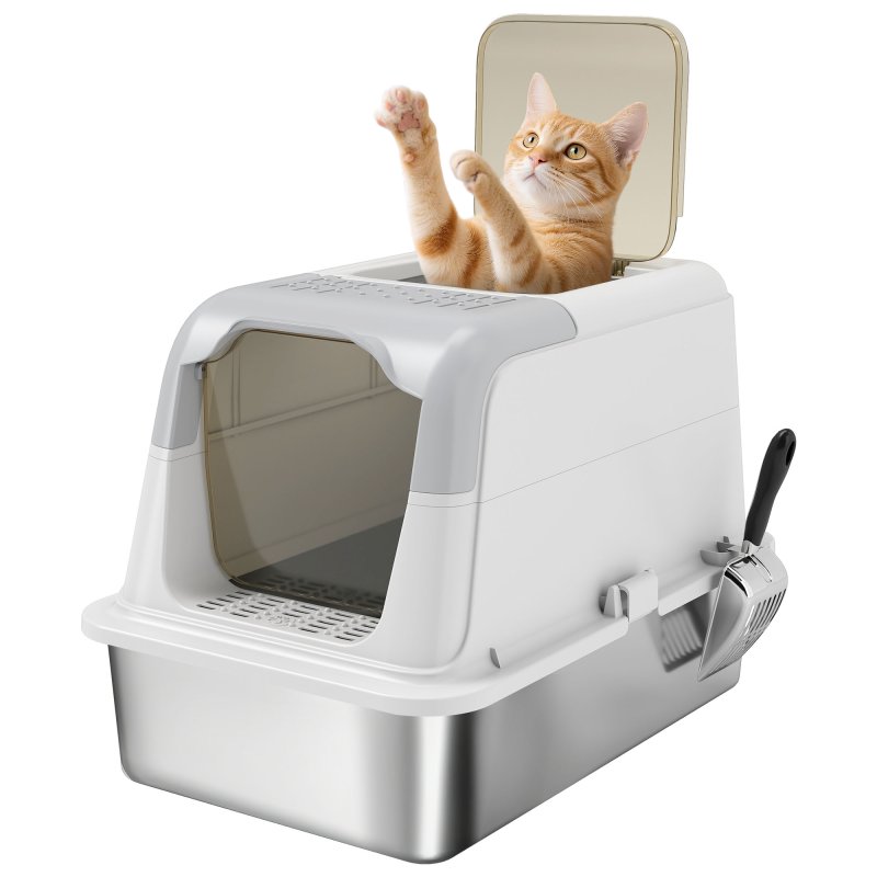 PawHut Stainless Steel Litter Box with Lid, Extra Large Hooded Cat Litter Tray for Big Cats with Front-Entry and Top-Exit, Metal Scoop, Deodorizer Bag, Non-Sticky, Odour Control and Easy Clean