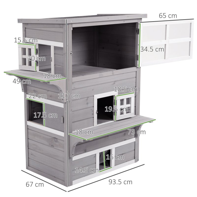 PawHut Outdoor Cat House, 3 Tier Wooden Kitten Shelter with Jumping Platforms, Asphalt Roof, Doors for Indoor, Garden - Grey
