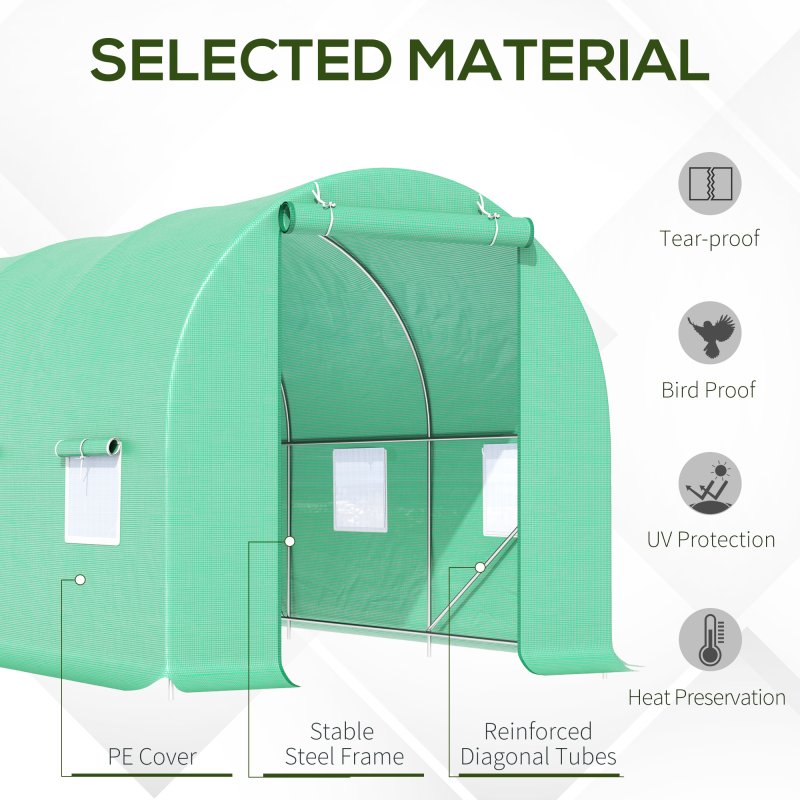 Outsunny 4.5m x 2m Walk-In Polytunnel Greenhouse, with Steel Frame, PE Cover, Roll-Up Door and 6 Windows, Green
