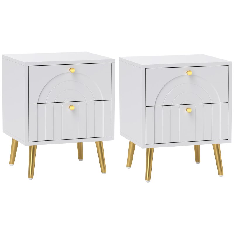 HOMCOM Bedside Table Set of 2, Modern Bedside Cabinets with 2 Drawers and Steel Legs, Side Tables for Living Room, Bedroom, 40 x 35 x 50 cm, White