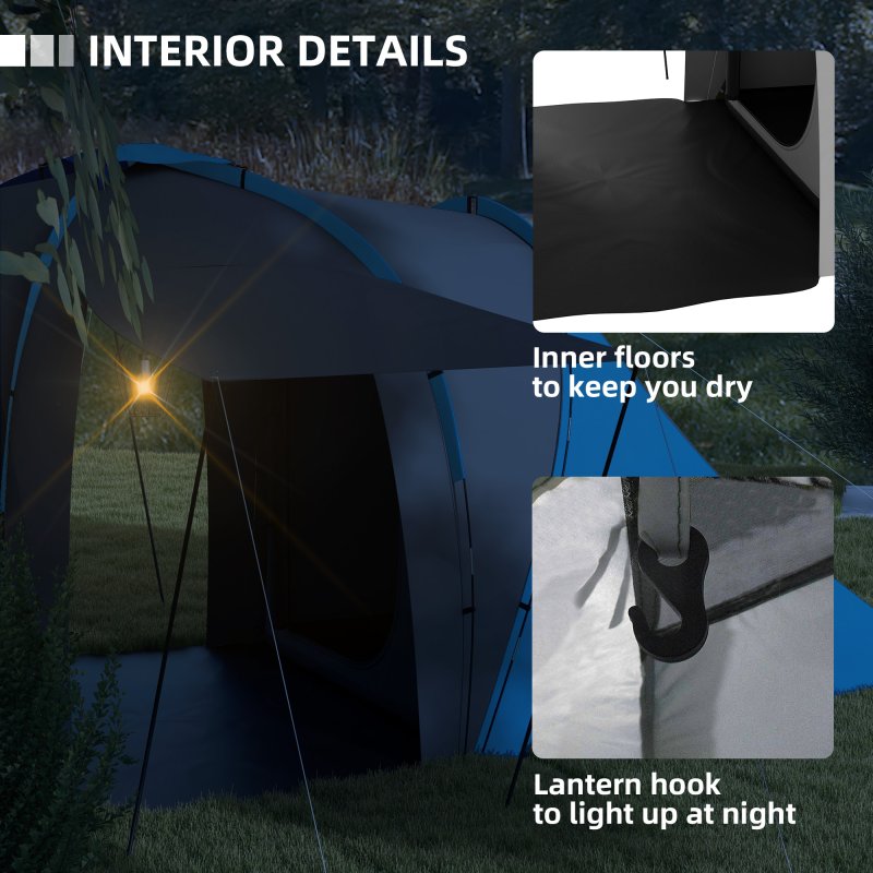 Outsunny 4-6 Man Tunnel Tent with 2 Bedroom and Living Area, Large Camping Tent, 2000mm Waterproof, Portable with Bag, for Fishing Hiking Festival, Grey and Blue