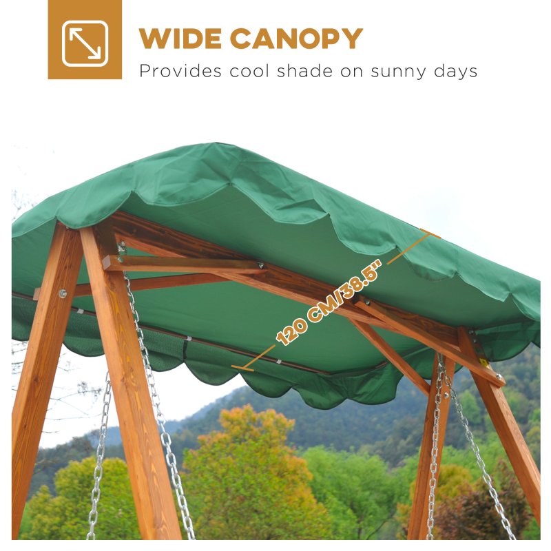 Outsunny 3 Seater Garden Swing Seat with Canopy, Wooden Swing Chair, Outdoor Hammock Bench for Balcony Patio Porch, Green