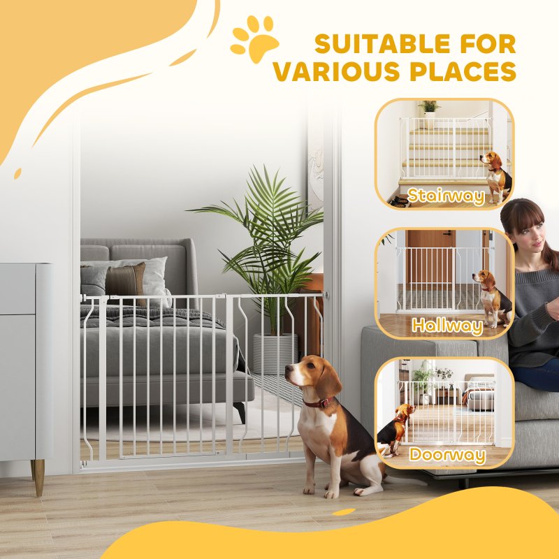 PawHut Dog Gate Wide Stair Gate w/ Door Pressure Fit Pets Barrier for Doorway, Hallway, 76H x 75-115W cm - White