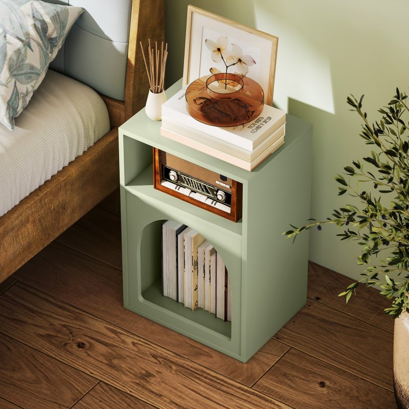 HOMCOM Bedside Table, Modern Bedside Cabinet with 2 Open Compartments and Unique Arch Design, Side Table for Living Room, Bedroom, Light Green